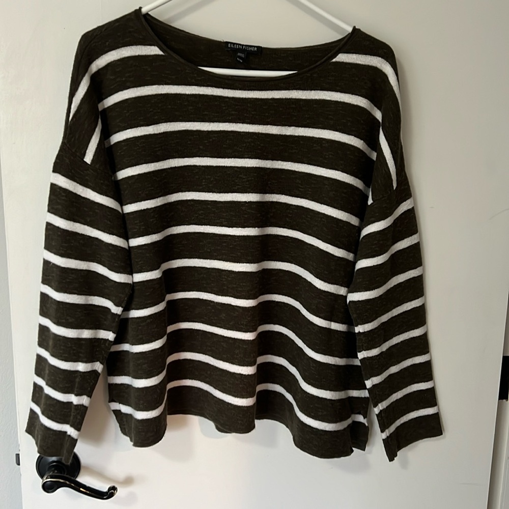 Womens Eileen Fisher Olive Green/White Striped Boxy  Sweater Size Medium
